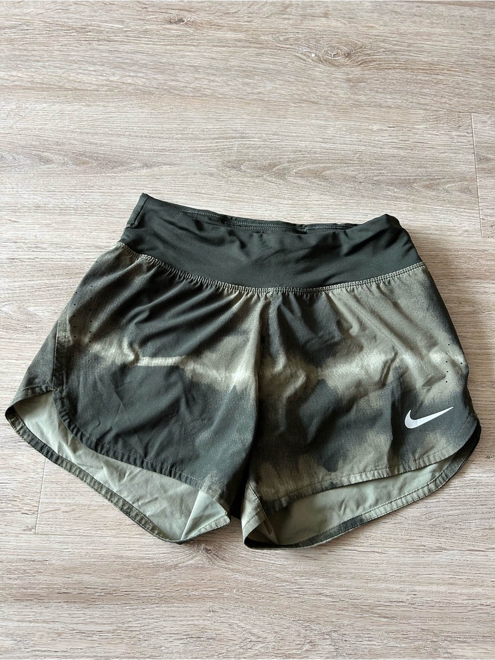 Nike Women’s Olive Green Tie-Dye Athletic Shorts with White Swoosh